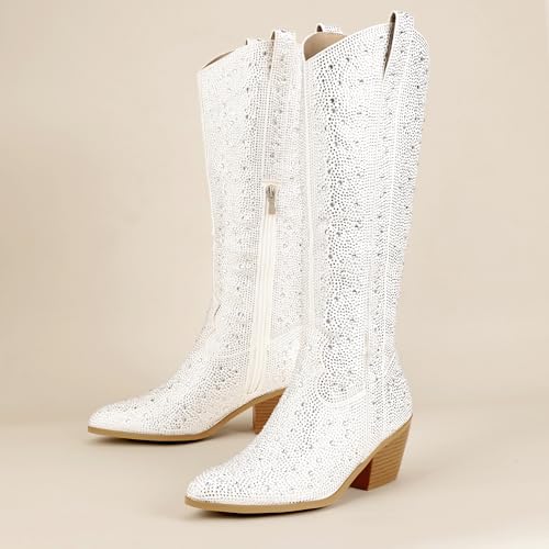 IDIFU IN3 Rhinestone Cowboy Boots For Women Knee High Western Cowgirl Boots Pointed Toe Block Chunky Heels Sparkly Glitter Long Tall Dress Booties Party Bling Shiny Boots4