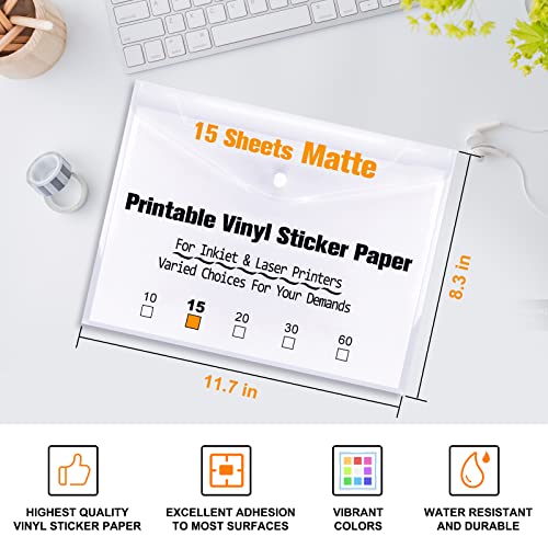 Sticker Paper For Inkjet Printer & Laser Printer, 15 Sheets Printable Vinyl Sticker Paper Matte White Waterproof, Size 8.5''X11" A4 Printer Paper - Holds Ink Well Quick Dry Vivid Colors Tear Resistant #TOP1