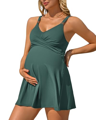 Charmo Women Maternity Swimsuit Ribbed Pregnancy Swimwear Front Cross Supportive