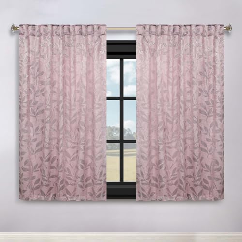 Superior Semi Blackout Curtains - Modern Leaves - 52" x 63" - Grommet Header & Back Tabs - Sun Blocking, Room Darkening Drapes for Bedroom, Living Room - Set of 2 Panels - Blush
