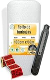 MARCPRINT Rollo Burbuja Embalaje 100 cm x 50 m con Cutter y Pegatinas de Fragil – Papel Burbuja para Mudanzas y Envíos – Plástico de Burbujas Protector Antigolpes – Embalaje Profesional Reutilizable