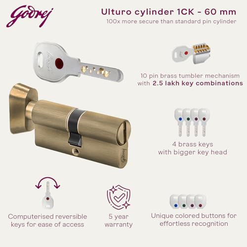 Image of Godrej Cylinder | Europrofile Ulturo XL+ | 1CK 60mm | Antique Brass Finish | Door Thickness Upto 40mm | 4 Keys