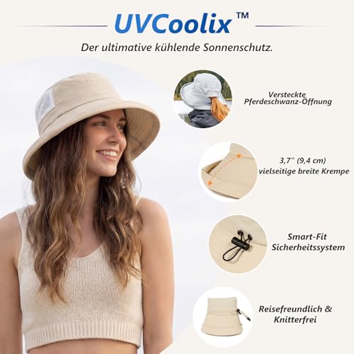 TOP-EX UPF 50 Sonnenhüte Damen mit Pferdeschwanz, Breiter Krempe Fischerhut für UV-Schutz, Wasserdicht regenhut, Atmungsaktiv Sommer-Mesh, Kinnriemen, Faltbar, Camping, Safari, Khaki L