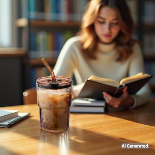 Image of BLUEPOLAR 13 oz Tumbler Water Glass, Water Bottle with Straw and Dustproof Lid, Coffee Ice Cup Double Wall Insulated Glass Cup (Amber)