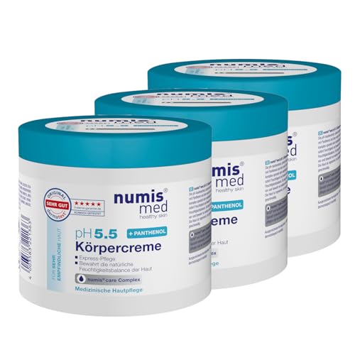 numis med 3 x Pantenol Crema para pieles sensibles 400 ml – Crema corporal pH 5.5 Made in Germany – Crema para la piel sin siliconas, parabenos ni microplásticos – Crema nutritiva, crema Pantenol