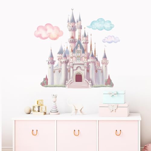 PLIGREAT Autocollants Muraux du Château de Princesse Sticker Mural avec Château de Fées en Nuage Aquarelle Grand Autocollant Mural Amovible en Vinyle pour...