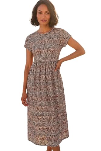 Dusk Fashion Leopard Print Midi Stretch Dress for Women UK - Ladies Everyday Autumn Winter Round Neckline Comfy Soft Evening Vacation Work Party Night Out - Biscuit - Size 12 Beige