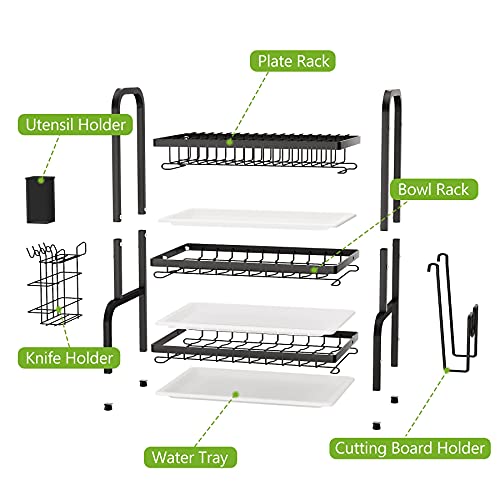 Dish Drying Rack, 1Easylife 3 Tier Dish Rack with Tray Utensil Holder, Large Capacity Dish Drainer with Cutting Board Holder Drain Board Tray for Kitchen Counter Organizer Storage (Black)