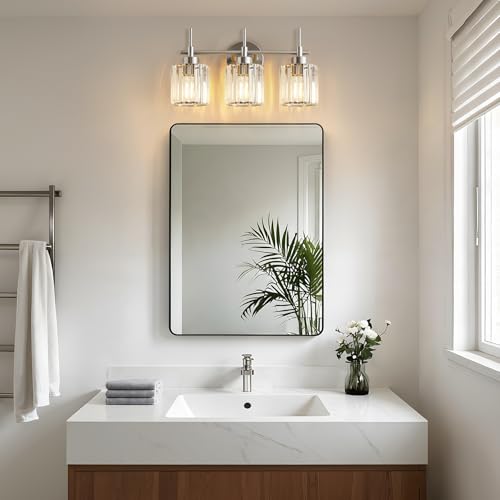 Image of EJIAXIN 3 Light Crystal Bathroom Light Fixtures, Brushed Nickel Vanity Mirror Lights, Crystal Bath Vintage Wall Mounted Lamps Wall Light Fixtures for Bathroom, Living Room