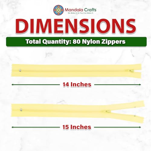 Image of Mandala Crafts 80 PCs Butter Yellow Closed-End 14 inch Nylon Zippers for Sewing