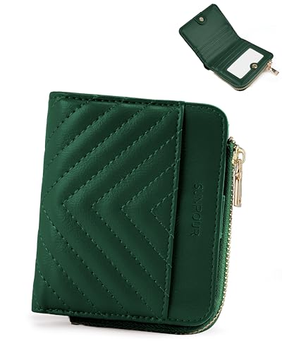 Image of Small Bifold Wallets Woman RFID Mini Wallet for Women Slim Card Holder with Zipper Coin Pocket & 2 ID Windows(Dark Green)