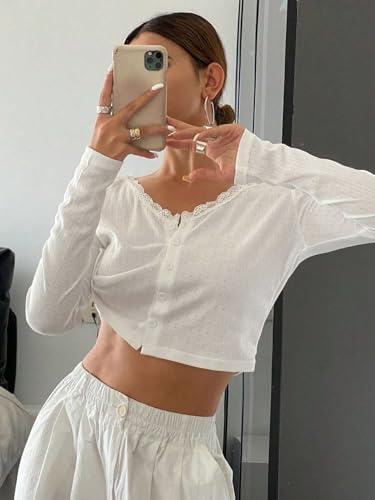 Image of Cioatin Women V Neck Lace Trim Button Down Open Front Pointelle Crop Cardigan Long Sleeve Clean Fit Y2K Minimalist Shirt Tops