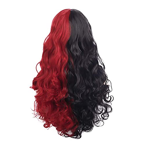 Beweig Half Red Black Wigs With Bangs Long Curly Wavy Cosplay Wig Synthetic Heat Resistant Halloween Costume Wig With Wig Cap #TOP3