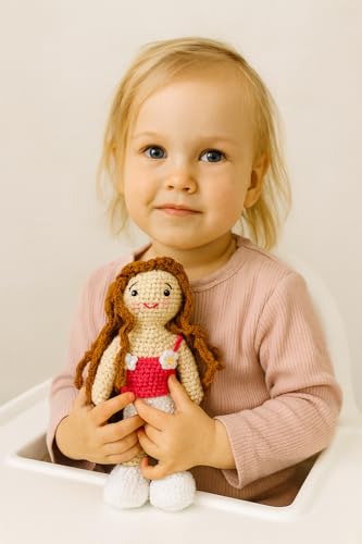 Image of Sutra Handmade Crochet Doll in Red Floral Top & White Skirt | Wool Amigurumi Soft Toy | Handmade Gift for Kids, Nursery & Home Decor