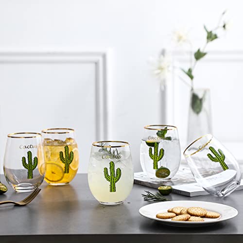 G Gold Rim Stemless Wine Glasses With Hand-Painted Cactus 17 Oz. Set Of 6 Party Beach Red White Wine Juice All-Purpose Everyday Use Drinkware Outdoors Backyard Tumbler #TOP4