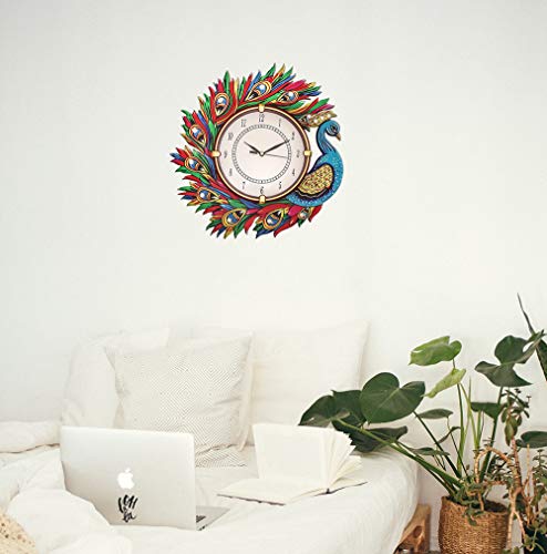 Image of Wooden Peacock Design Wall Clock Round Quartz Analog Decorative Antique Wall Clock for Home Decoration