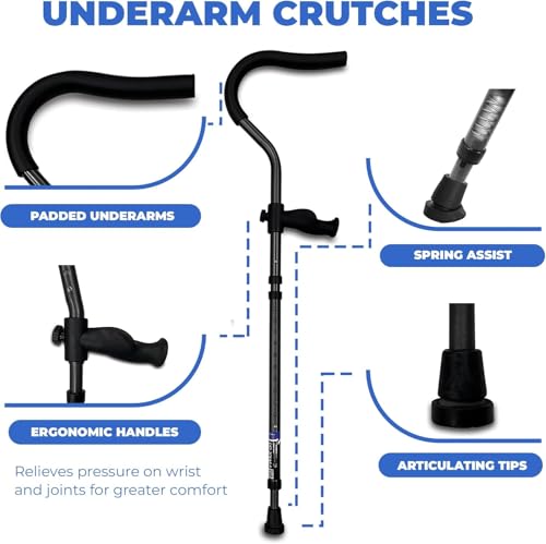 in-Motion Pro Crutches | Foldable Crutches| Crutches for Adults with Ergonomic Handles | Spring Assist Technology | Articulating Tips | Size Tall (5'10" - 7'1") | Charcoal Grey