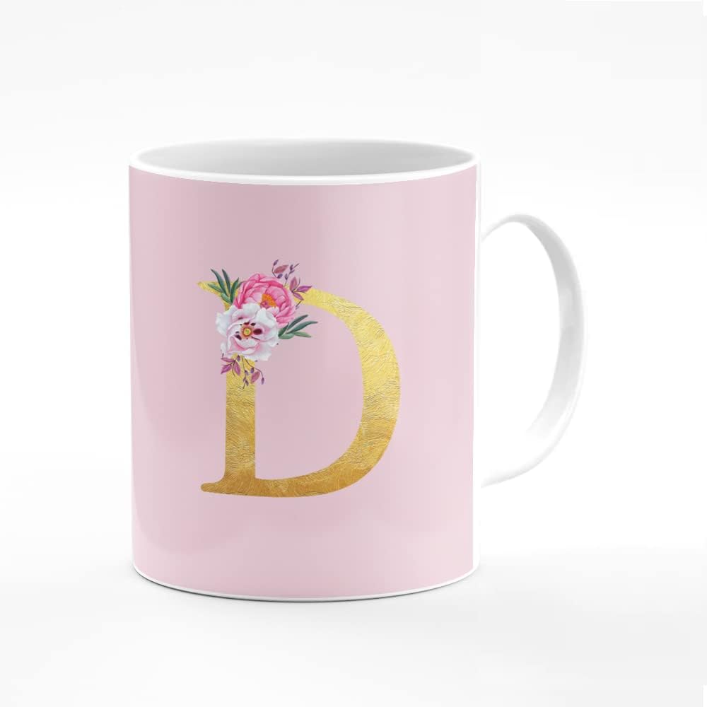 Stylizedd Designer Printed Coffee Mug 11oz Ceramic Personalised Gift Mugs Cup -Custom Monogram Initial Letter Floral Pattern Alphabet - D (Pink)