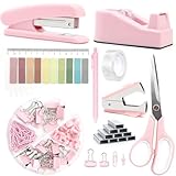 Office Supplies,Desk Accessories, Stapler and Tape Dispenser Set for Women with Stapler, Tape Dispenser, Staple Remover, Staples, Clips, Scissor and Tabs,Gift for Students, Coworkers