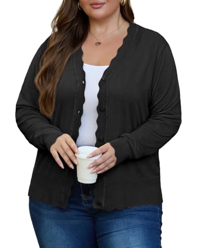 OLRIK Plus Size Cardigan for Women Cropped Long Sleeve V-Neck Buttons Down Ribbed Wave Edges Casual Knit Shrugs3