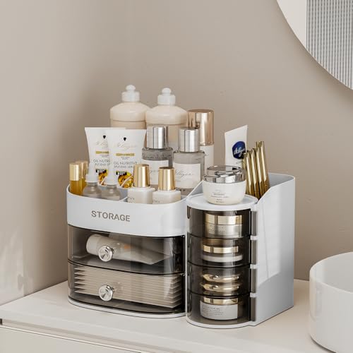 LAMU Makeup Organizer Countertop, Cosmetic Storage for Dresser Bathroom Countertop, Include 4-Tier Rotating Jewelry Box for Brushes, Skincare, Perfume, Office, Earring, Jewelry Organizer, White - Image 4