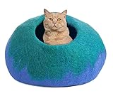 Juccini Handcrafted Felted Wool Cat Cave Bed for Cat and Kittens - Felted from 100% Natural Wool (Green/Blue Cave, Medium)