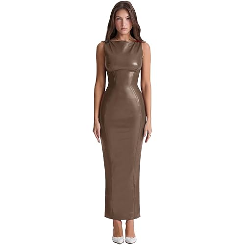 XLLAIS Women's Faux PU Leather Bodycon Maxi Dress Sexy Boatneck Tank Long Dresses