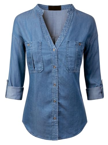 MixMatchy Women's Casual Basic Roll Up Sleeve Denim Chambray V-Neck Tencel Button Down Shirt
