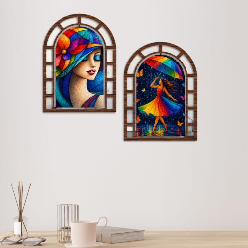 Image of Artvibes Modern Colorful Woman Theme Jharokha Mirror | Wall Hanging Decor for Living Room, Bedroom, Hall, Dining Room, Office & Entryway | Gift (WH 12007N), Set of 2