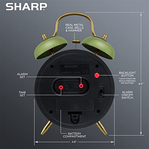 Sharp Matte Sage Twin Bell Alarm Clock