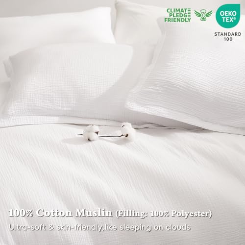 Image of David's Home Cotton Muslin Comforter Set Queen Size, 100% Cotton Cover Ultra-Soft Breathable Lightweight Skin-Friendly for Spring Summer, 3PCS Linen Like Gauze Bedding with Polyester Filling, White