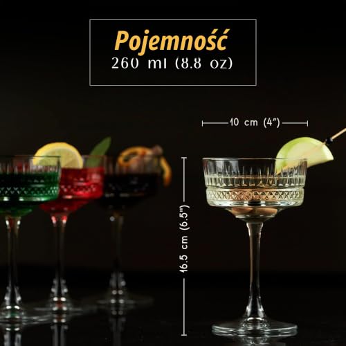 GOSOYO Zestaw 4 kieliszków do szampana, koktajli, martini, kieliszków do wina, z długą łodygą (260 ml) (4 szt.)