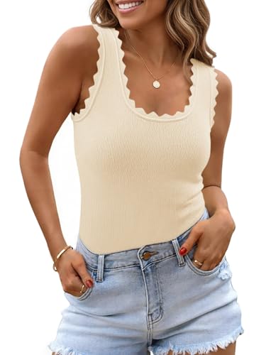 Saodimallsu Womens Ribbed Knit Tank Top Summer Sleeveless Square Neck Casual Basic Slimming Sweater Vest Tops Apricot