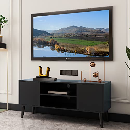 Yusong Retro Tv Stand For 55 Inch Tv, Entertainment Centers For Living Room Bedroom, Wood Tv Bench Table Tv Console Tv Cabinet With 2 Storage Cabinets And Open Shelves, Black #TOP1