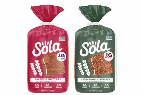 Sola Low Carb Bread Variety Pack (2 Pack) – Sweet & Buttery + Deliciously Seeded, 1g Net Carbs, 0g...