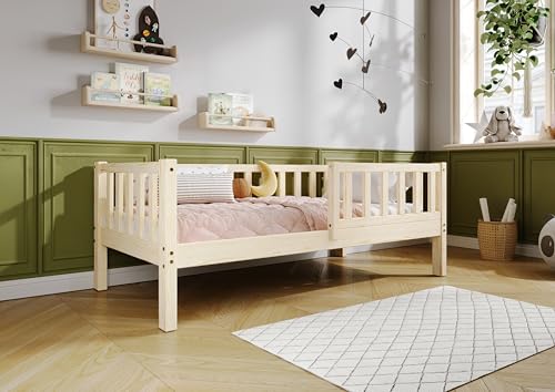 TIMBEE Lena - Kinderbett Holz - Etagenbett aus Kiefernholz mit Geländer - Sichere ungiftige Farben - Solide Konstruktion Naturholz - Langlebig und elegant - Unlackiert - 80x160cm - 23cm Lange Beine