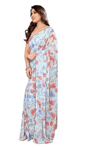 Image of ROOP SUNDARI SAREES Readymade Pleated Pre Drape Stitched Floral Printed Georgette Saree For Women's With Lace Border & Blouse(Ready To Wear One Minute)