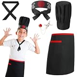 Complete Hibachi Chef Set: Includes half apron (19.69"x19.69"), tall hibachi hat (11.02" height), headband, chef tie, and decorative crane brooch for an authentic hibachi chef outfit Professional-Grade Accessories: The hibachi chef hat features hidde...