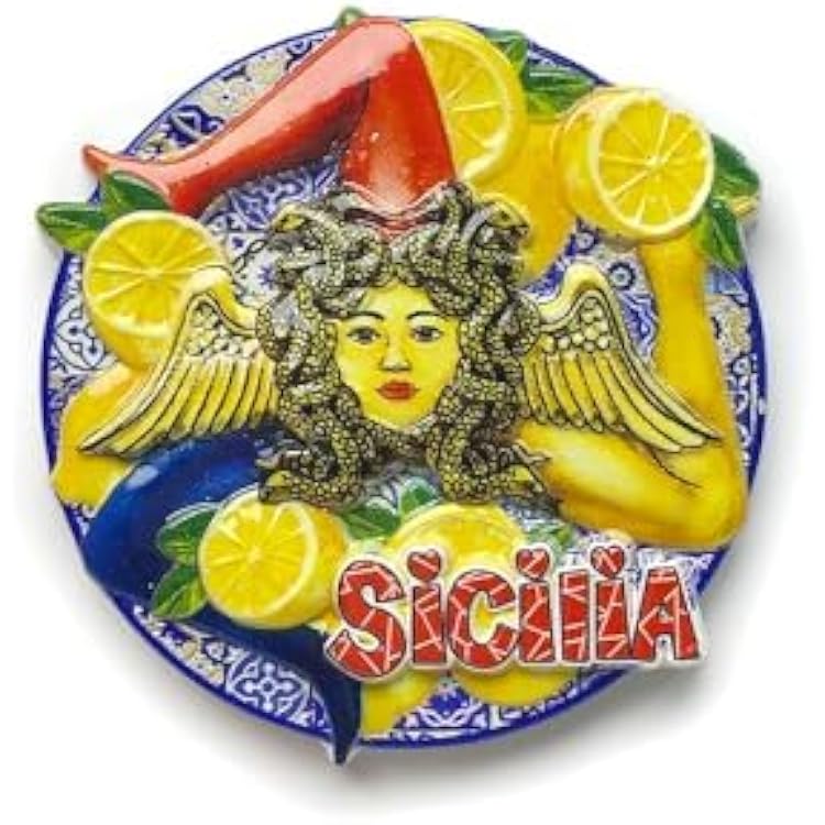 Sicilian Art Decorative Ceramic Plate, Traditional Italian Design with Lemons, Blue and Yellow, Round, 7.3x7.1 cm