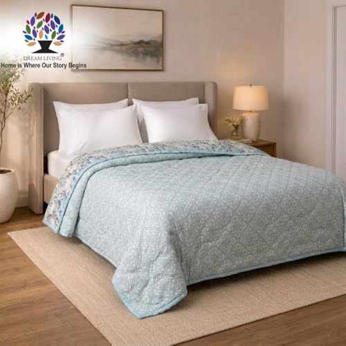 Image of Dream Living Luxury ULTRASONIC AC Comforter - Quilted Microfiber | 120 GSM | All‑Season for Bedroom, Travel (220x220 cm) White & Blue