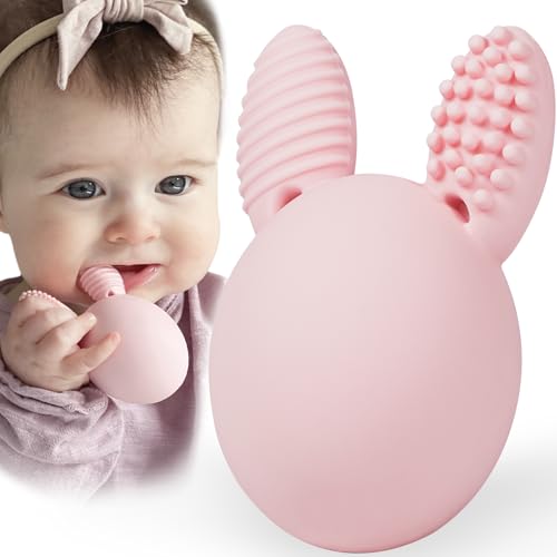 Image of Bunny Eggy Teether Baby Teething Toy Rabbit Egg Rattle Toy Teething Pain Relief for Babies Boys Girls - Pink
