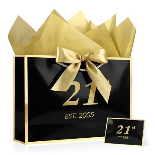 Image of JMANNI 21st Birthday Gift Bag with Card and Tissue Paper for Men Women Him, 14.2 inch Elegant Black Gold Anniversary Keepsake Party Present Shopping Paper Bags for Gifts Wrapping (EST.2005 /Black /Large)