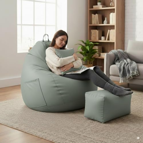 Image of 4XL Premium Leatherette Bean Bag with Rectangular Footrest & 16x16 Inch Cushion | High Density Beans Filled | Side Pocket & Easy to Carry Handle | 6 Months Warranty Color- (Pastel Green, 4XL)