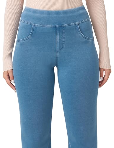 HUE Women's Super Soft Stretch High Rise Straight Leg Denim Leggings, Jeggings with No Side Seams, Classic Light Wash, Medium