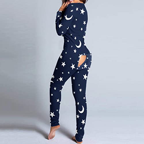 Womens Long Sleep Sets Button Romper Women Nightwear Bodysuit Playsuit Long Print Onesie Pajamas For Adults, Navy, X-Large #TOP1