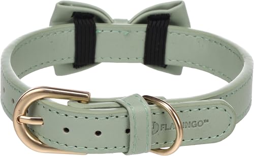 Flamingo Halsband mit Schleife NELA Mintgrün – S, M | 31-39 cm x 20 mm x 4 mm, Qualitätsleder, Stilvoll und Praktisch – Ideal für Chihuahua, Papillon, Mops, Yorkshire Terrier, Bichon Frisé