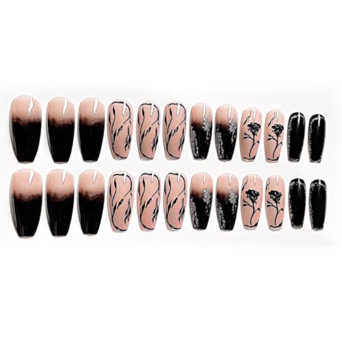 FULZTEY French Press on Nails Coffin Glossy Black Rose Full Cover Medium Glitter False Nails for Women Ballerina Nail Art DIY Acrylic Fake Nail Tips Stick on Nails 24Pcs