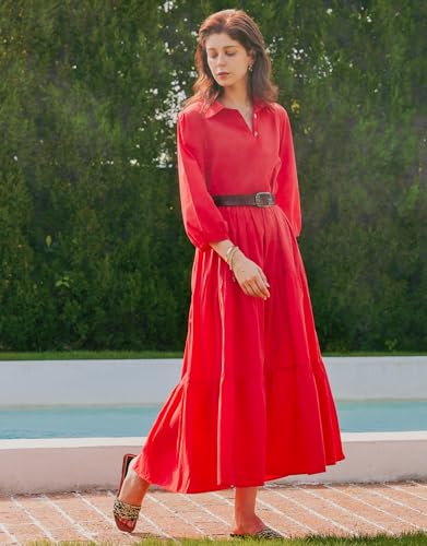 Image of Women Button Down Maxi Shirt Dress Long Sleeve Flowy Tiered Collared Dresses with Pockets