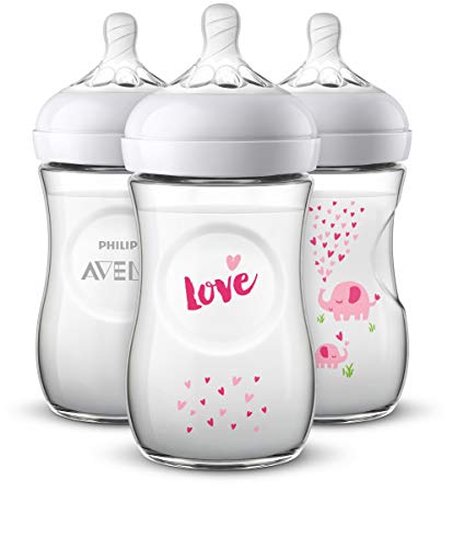 Image of Philips Avent Natural Baby Bottle with Pink Elephant Design, 9oz, 3pk