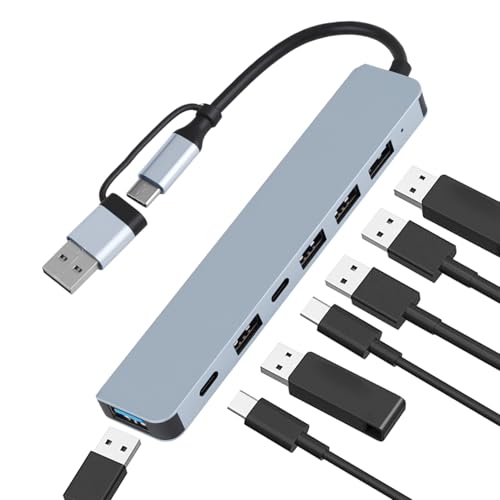 Hub USB-C 7-en-2 Double Entrée Adaptateur Multiport avec 4X USB 2.0, 1x USB 3.0, 2X Ports Données USB-C Compatible avec MacBook,PC Portables,Tablettes,Smartphones,Ordinateur de Bureau
